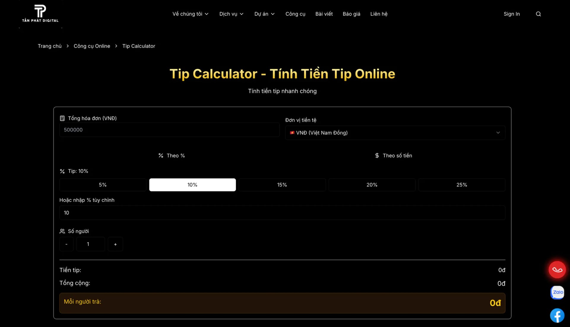 Tip Calculator 2026 - Tính Tiền Tip Online Miễn Phí - Tấn Phát Digital